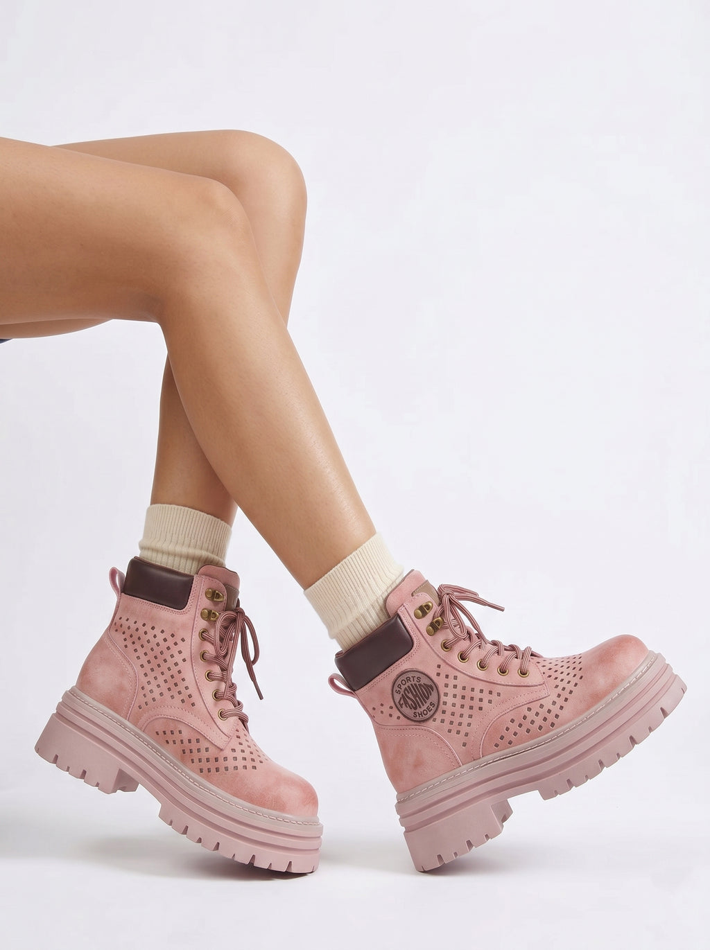 Spring/Summer Pink Breathable Platform Combat Boots
