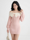 Romantic Off-the-Shoulder Cable Knit Mini Dress