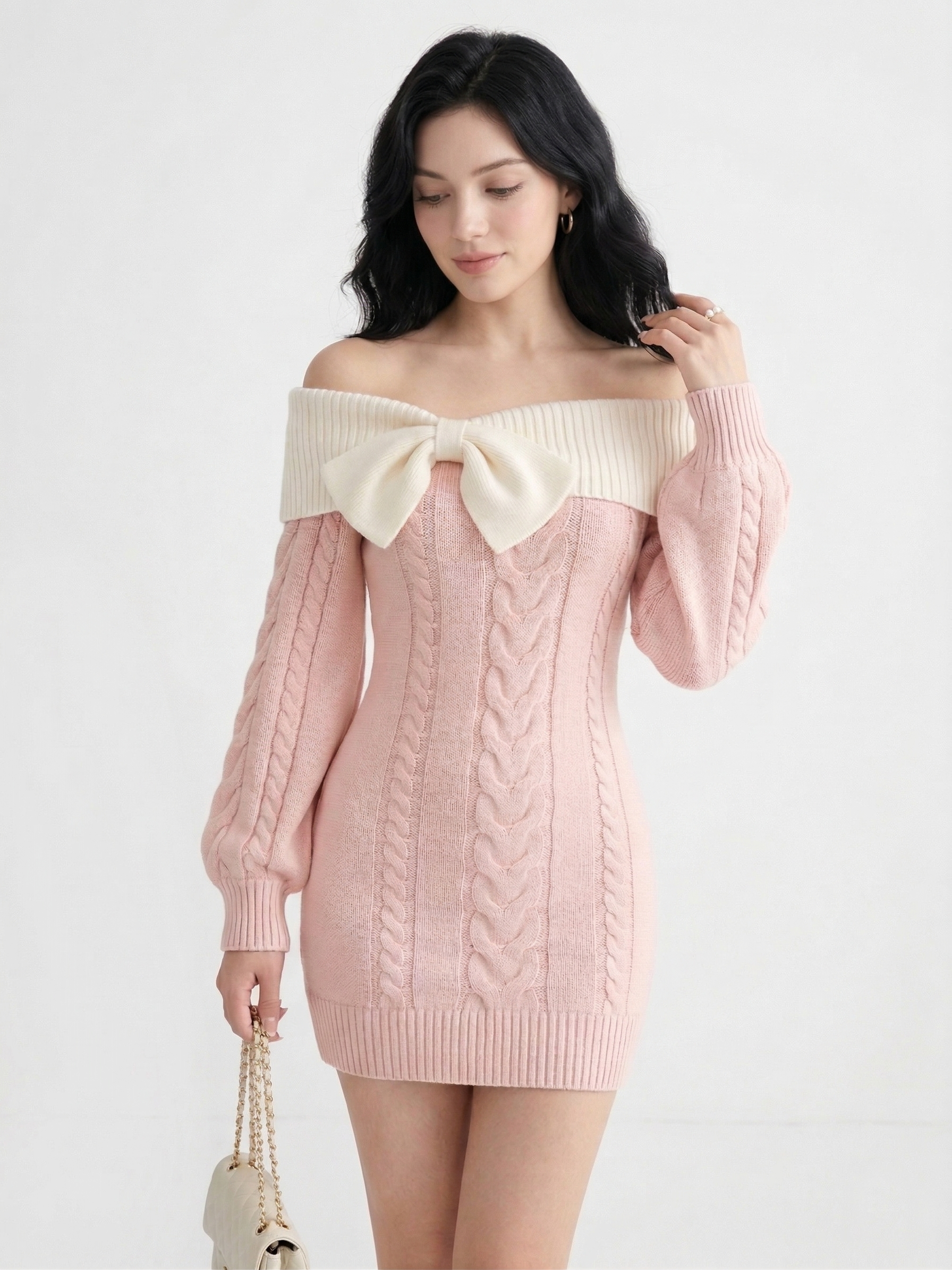 Romantic Off-the-Shoulder Cable Knit Mini Dress
