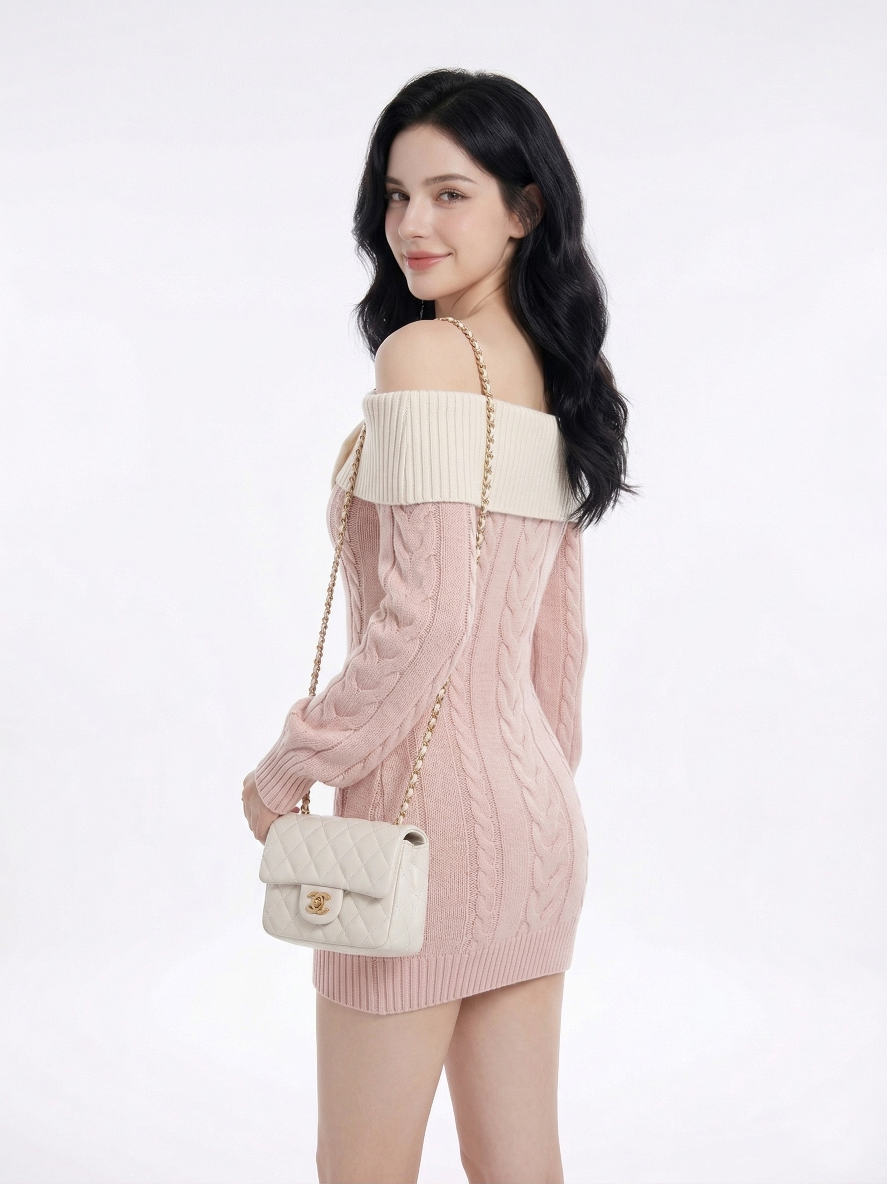 Romantic Off-the-Shoulder Cable Knit Mini Dress