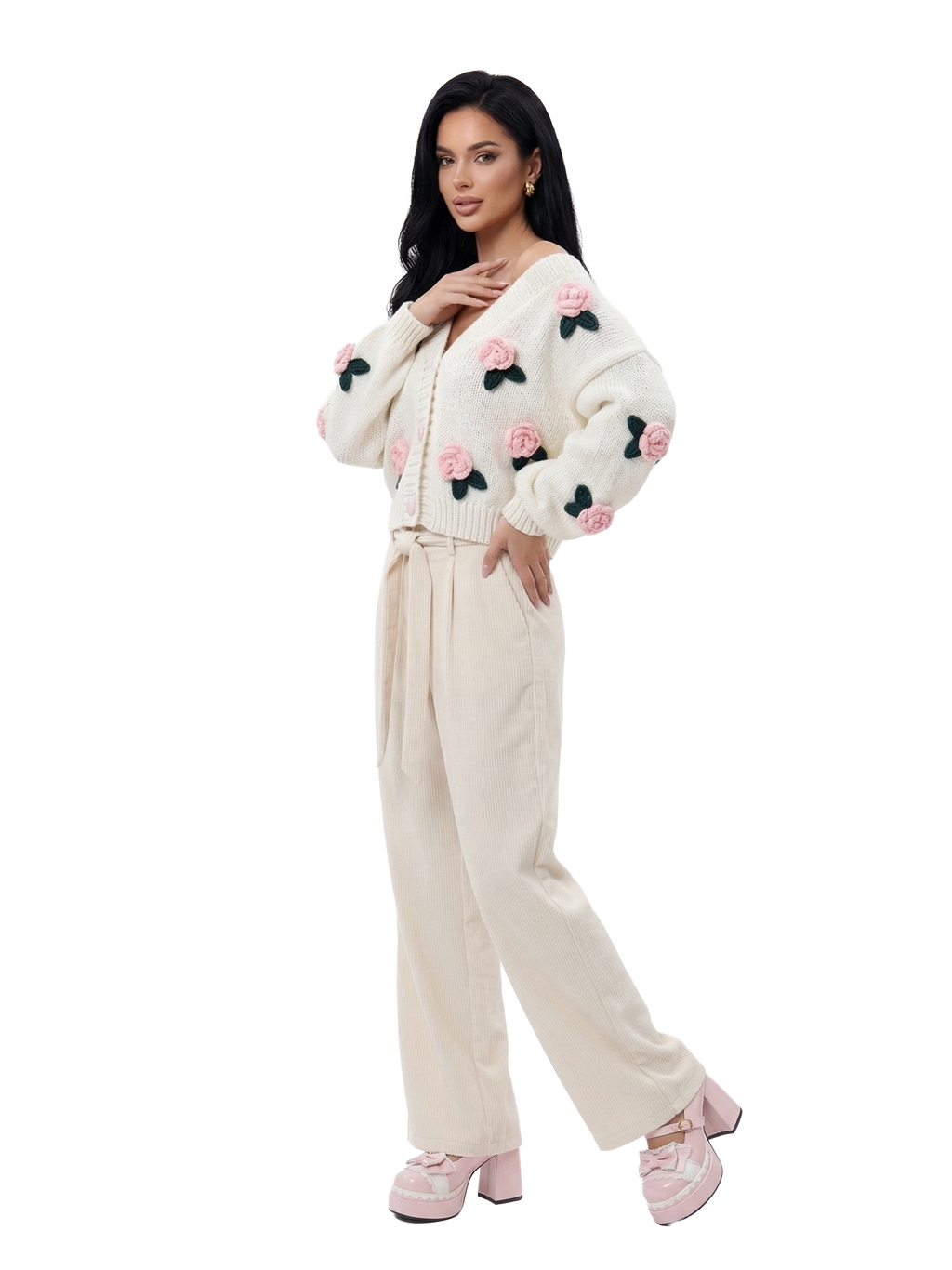 Vintage-Inspired Rose Garden 3D Applique Knit Cardigan