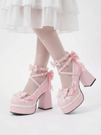 Sweetheart Coquette Platform Mary Janes with Lace & Bows (pink)