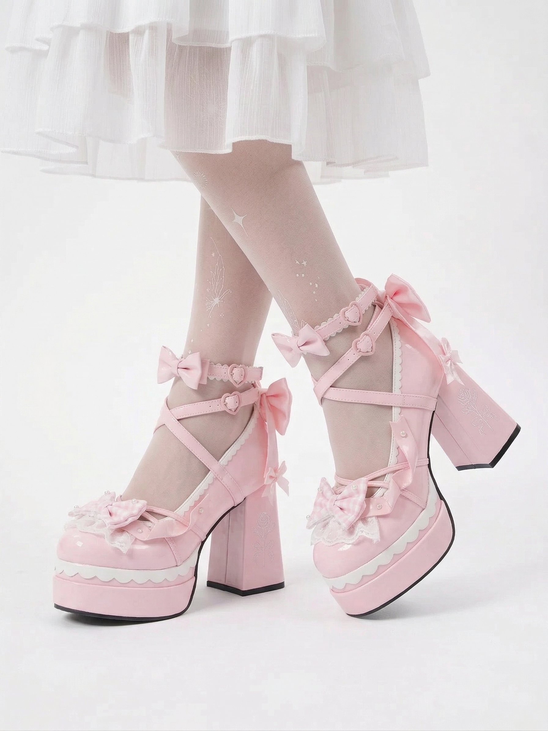 Sweetheart Coquette Platform Mary Janes with Lace & Bows (pink)