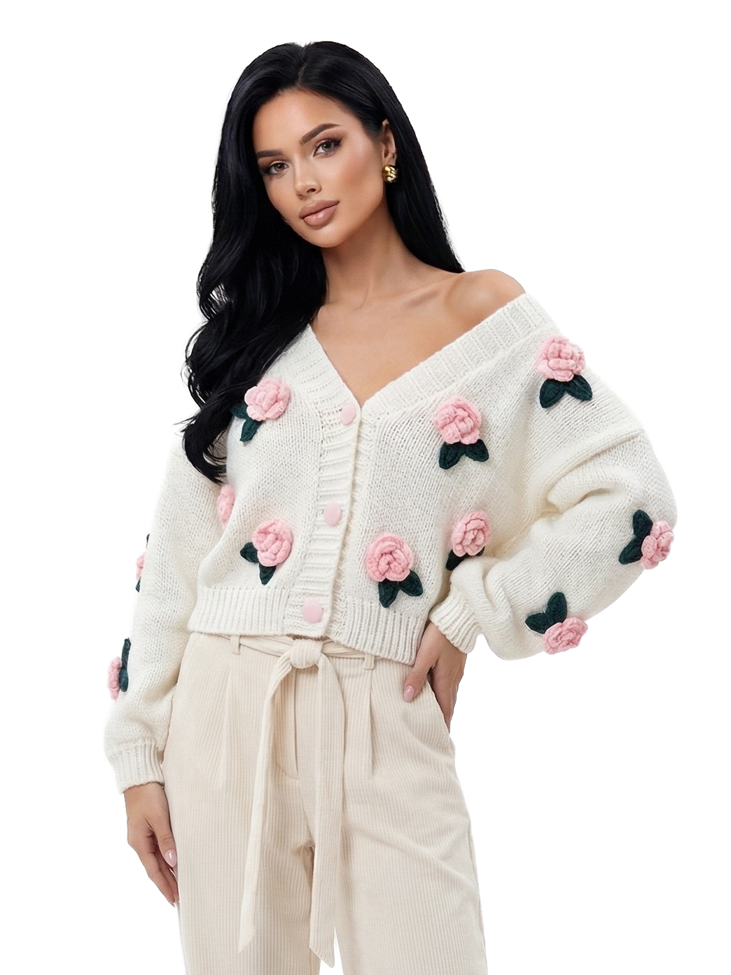 Vintage-Inspired Rose Garden 3D Applique Knit Cardigan
