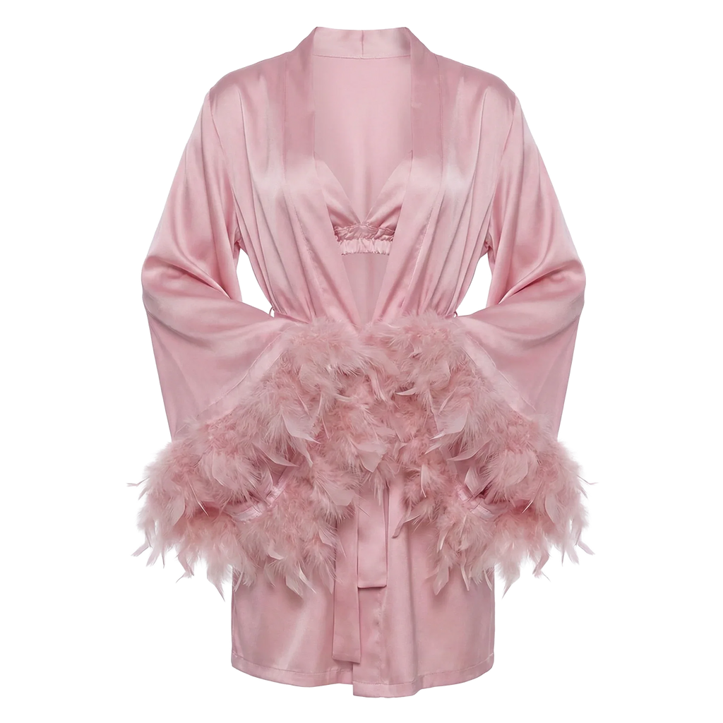 Rose Pink Satin Robe with Luxe Feather Trim - Girlgeous