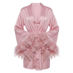Rose Pink Satin Robe with Luxe Feather Trim - Girlgeous