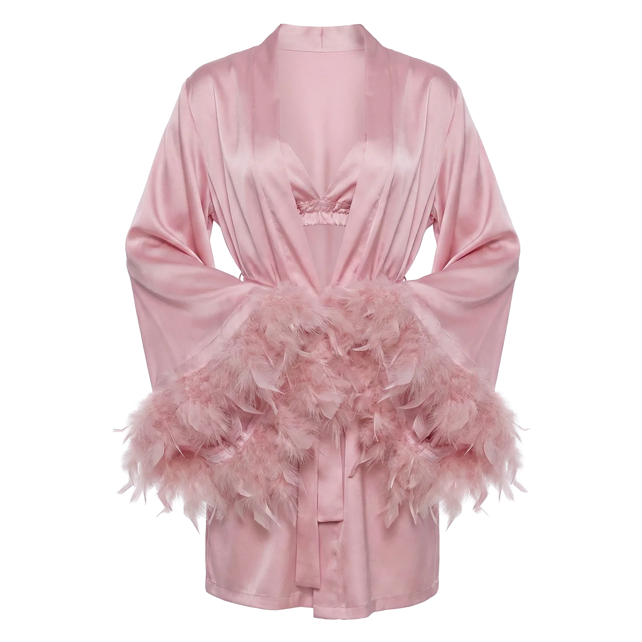 Rose Pink Satin Robe with Luxe Feather Trim - Girlgeous