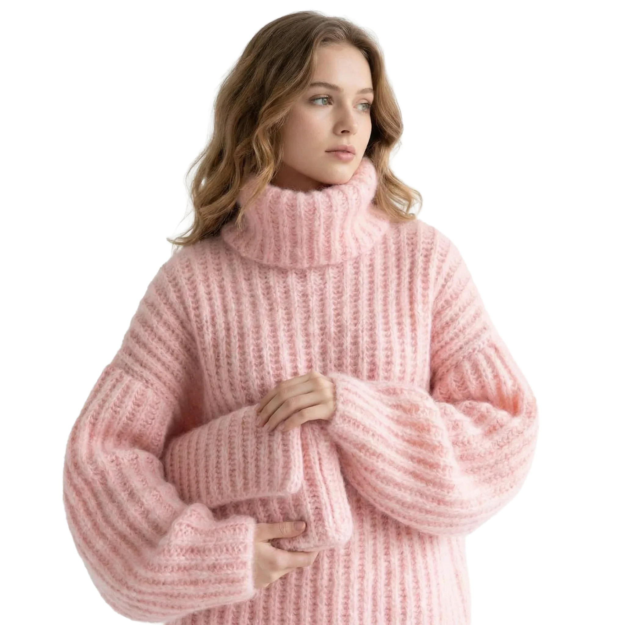 Oversized Blush Pink Chunky Knit Turtleneck - Girlgeous
