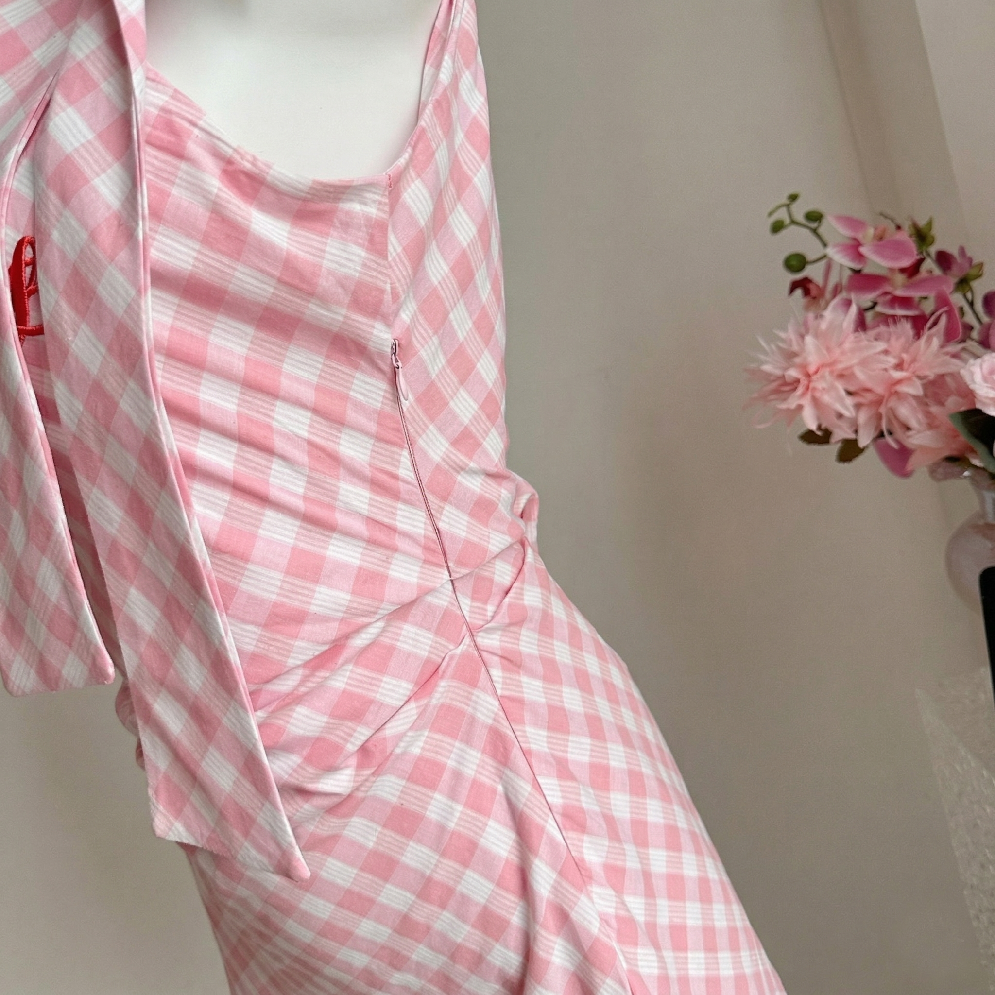 Retro Picnic Pink Gingham Halter Dress