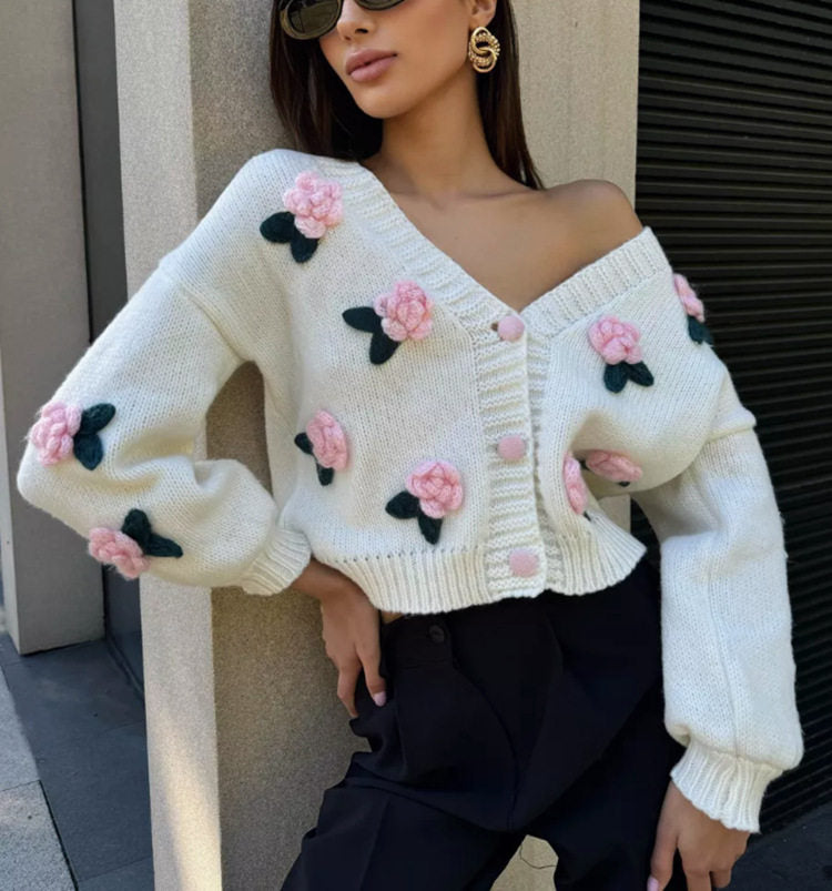 Vintage-Inspired Rose Garden 3D Applique Knit Cardigan
