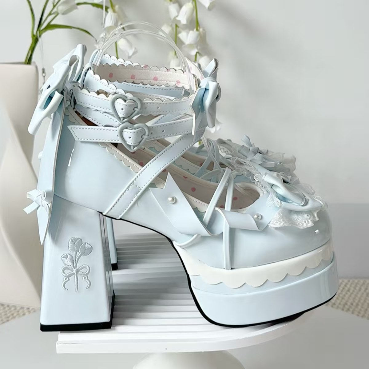 Sweetheart Coquette Platform Mary Janes with Lace & Bows (Blue)
