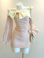 Romantic Off-the-Shoulder Cable Knit Mini Dress