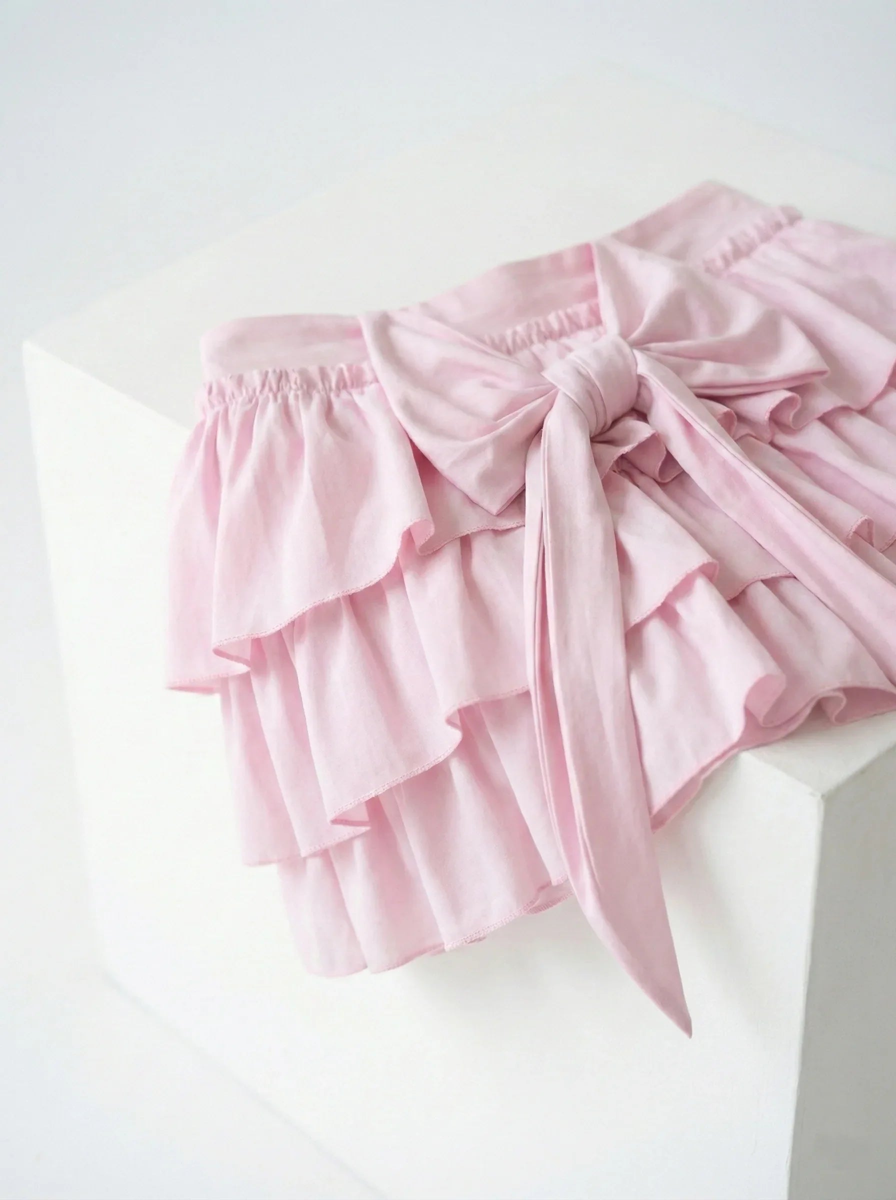 Blush Pink Tiered Ruffle Bow Mini Skirt - Girlgeous
